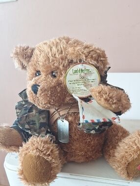 "Land of the Free" Bear Musical Plush Toy - Brown Teddy with Camouflage Outfit